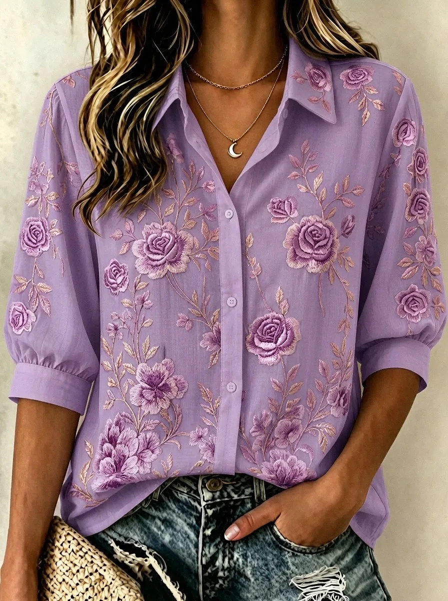 Women's Breast Cancer Awareness Pink Rose Floral Embroidered Button-Down Shirt