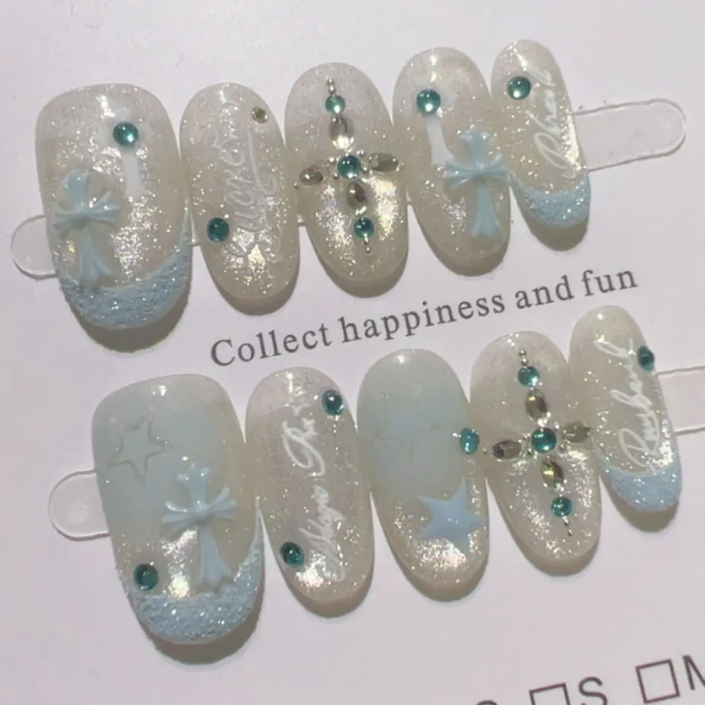 Nailhour 10Pcs Rhinestone Glitter 3D Gothic Cross Medium Almond Press On Nails