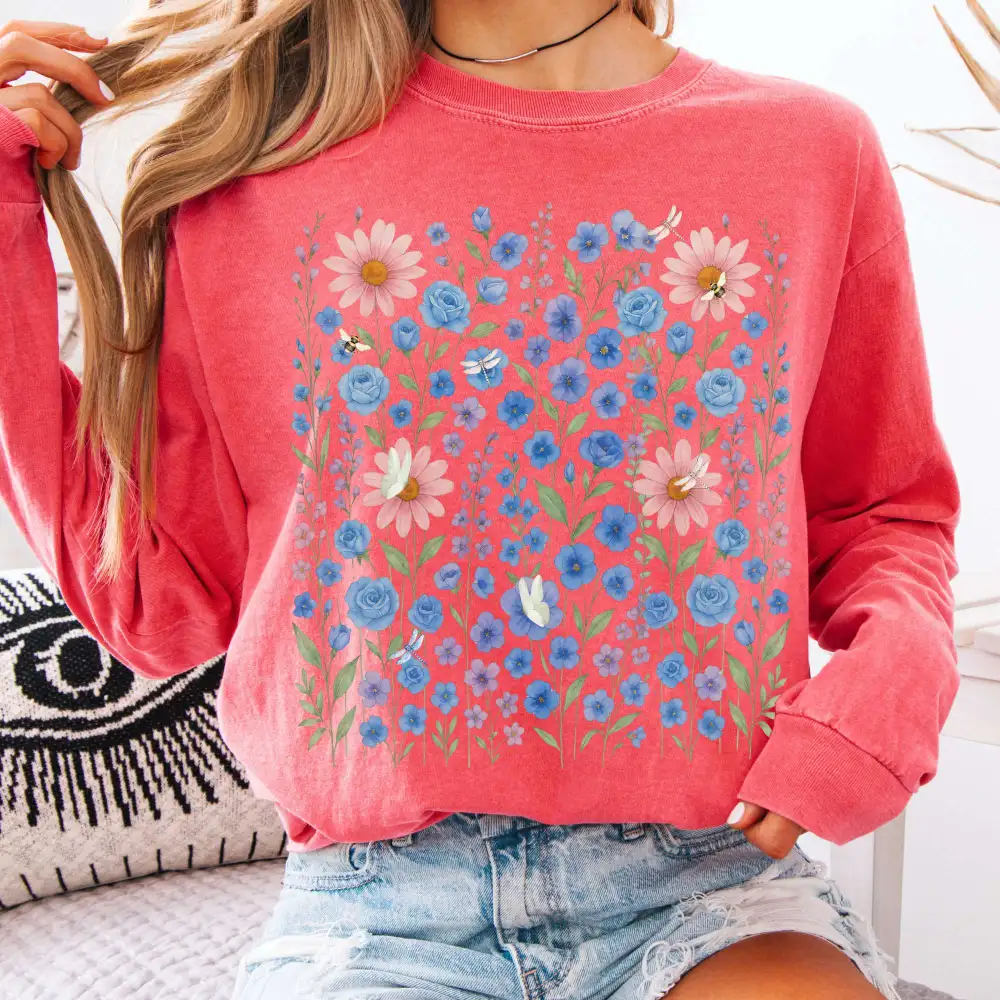Blue Violet Wildflowers Long Sleeve Shirt