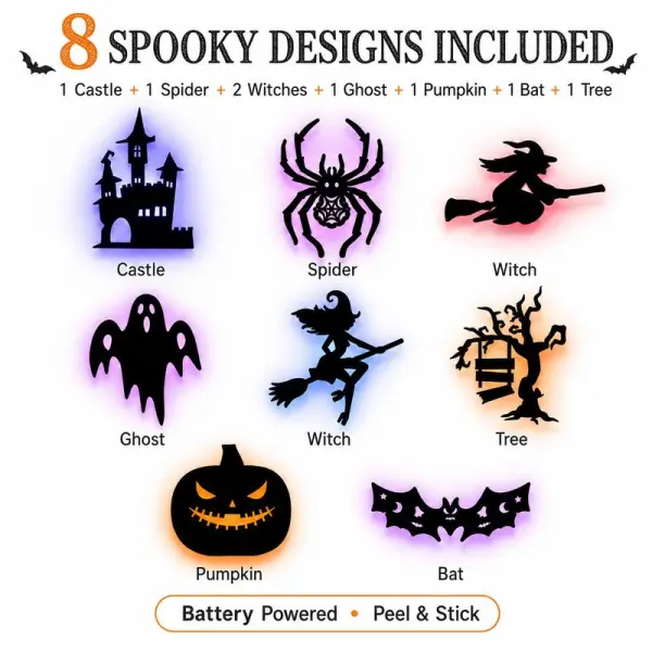 Halloween LED Silhouette Wall Light Stickers- Battery Powered Peel & Stick Spooky Decor