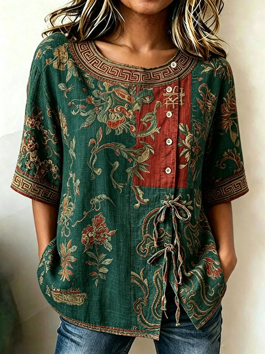 Women'S Casual Print Cotton Linen Top
