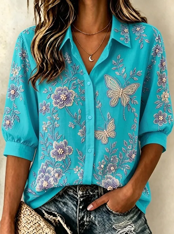 Women's Breast Cancer Awareness Butterfly Floral Beaded Printed Shirt