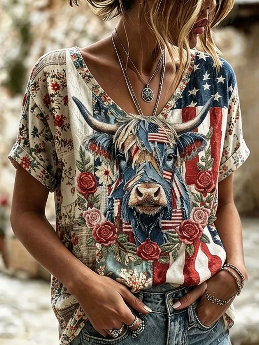 Vintage Highland Cow Patchwork Print Women's Linen V Neck T-Shirt
