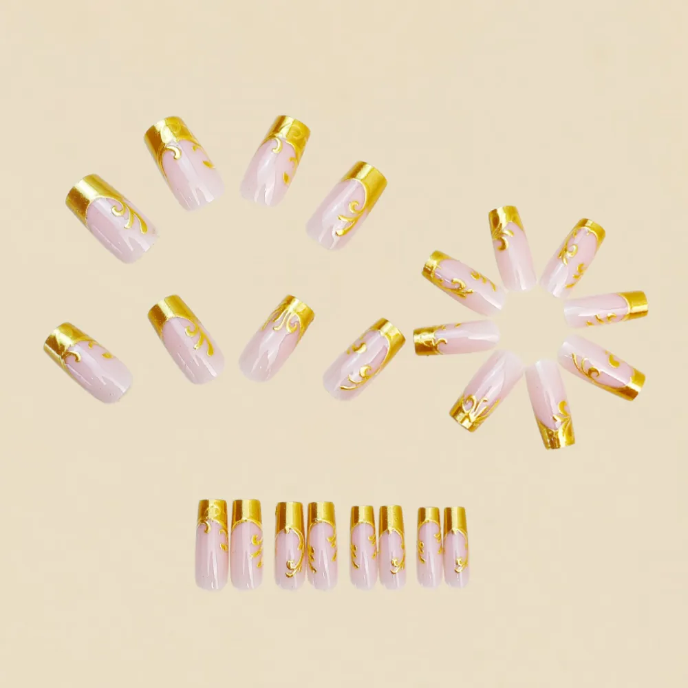 Nailhour 24pcs 3D Gold Plated Embossed French Rectangular Decals Press On Nails