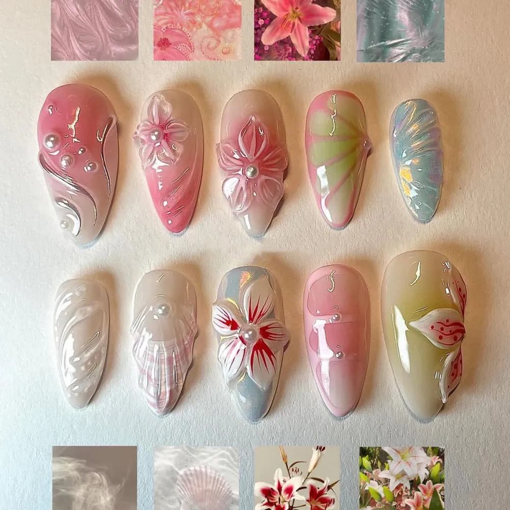 Nailhour 30Pcs Pearl 3D Medium Almond Gradient French Press On Nails