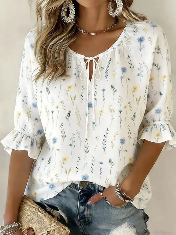 Women'S Floral Printed Casual Cotton And Linen Shirt