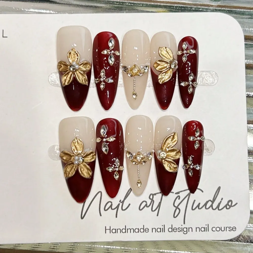 Nailhour 10Pcs 3D Rhinestone Red Gilded Long Almond Press On Nails