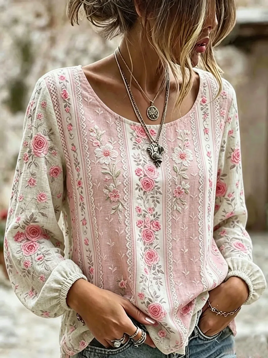 Women's Floral Printed Casual Cotton And Linen Top
