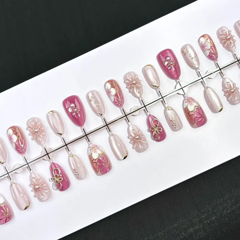 Nailhour 30Pcs 3D Floral Medium Oval Gilded Press On Nails