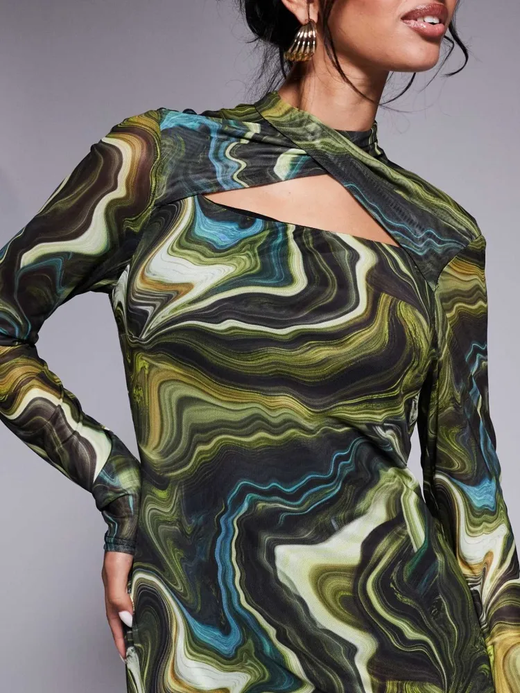Cutout Abstract Print Long Sleeve Dress