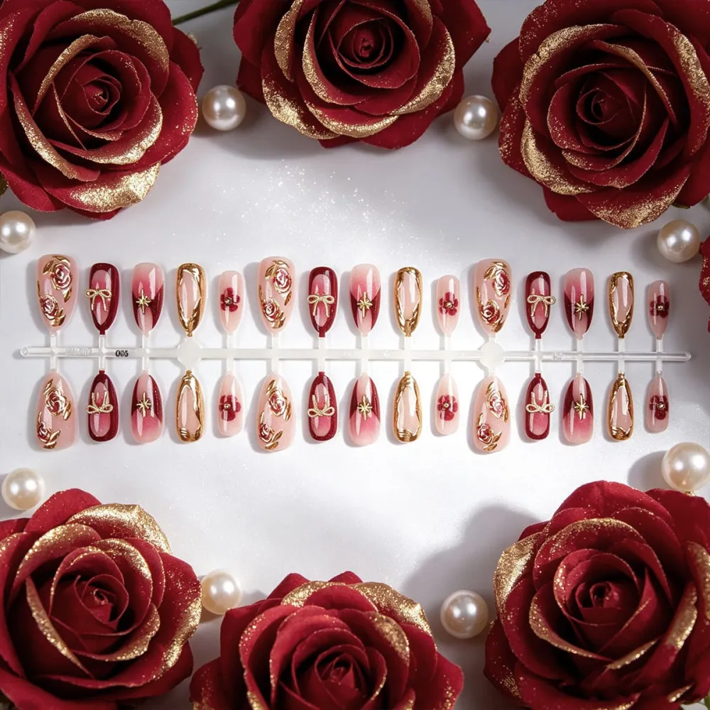 Nailhour 30Pcs Gilded Rose 3D Medium Almond Red Press On Nails