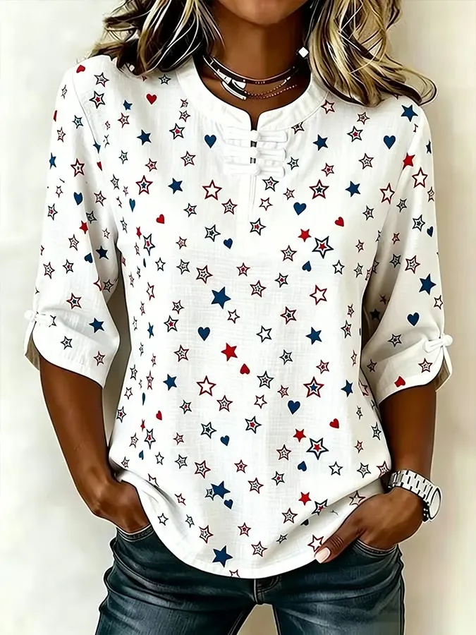 Women's Retro American Flag Print Button-Up Top