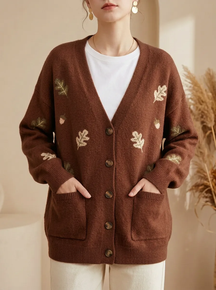 Woodland Oak Leaf Acorn Pattern Patterned Women's Knit Cardigan