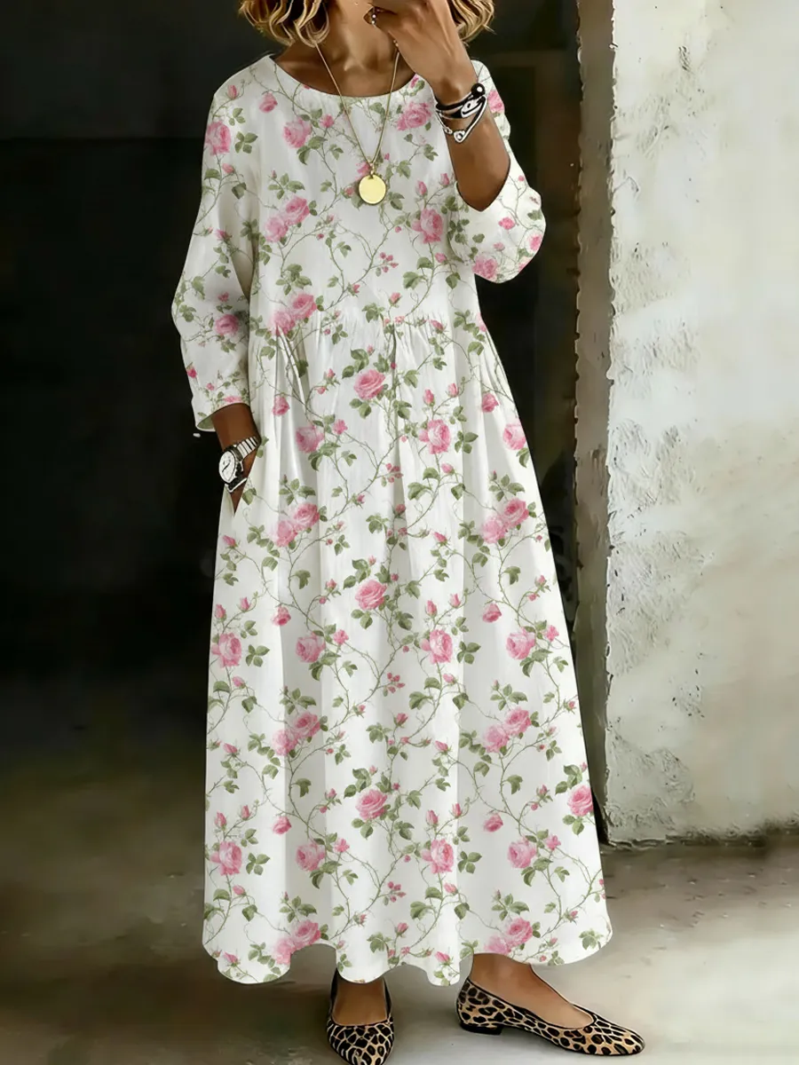Women's Linen Floral Print Maxi Dress
