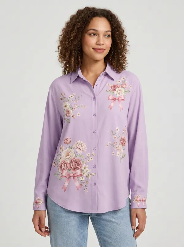 Women's Breast Cancer Awareness Floral Bow Printed Button-up Shirt