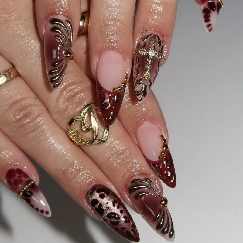Nailhour 24Pcs French 3D Gradient Floral Medium Almond Press On Nails