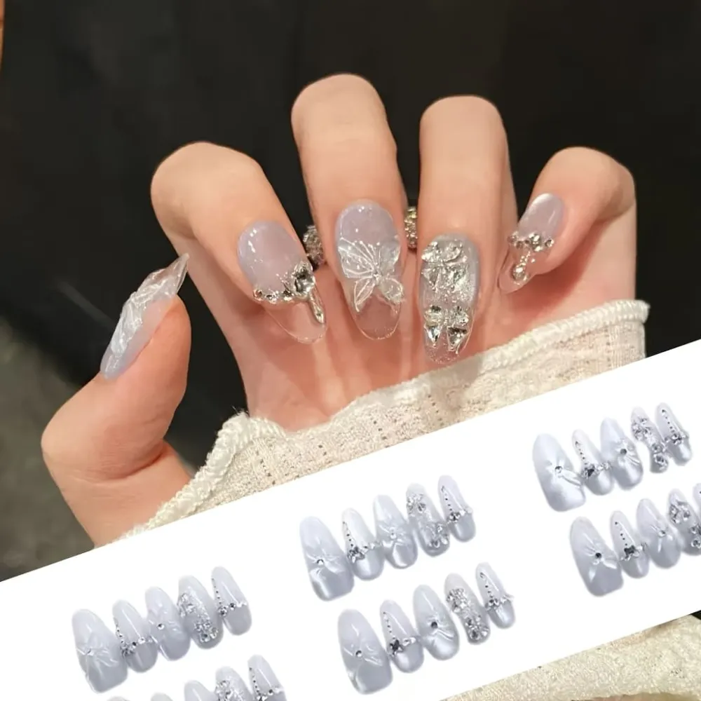 Nailhour 10Pcs French Blue Gradient  Rhinestone Medium Almond Press On Nails