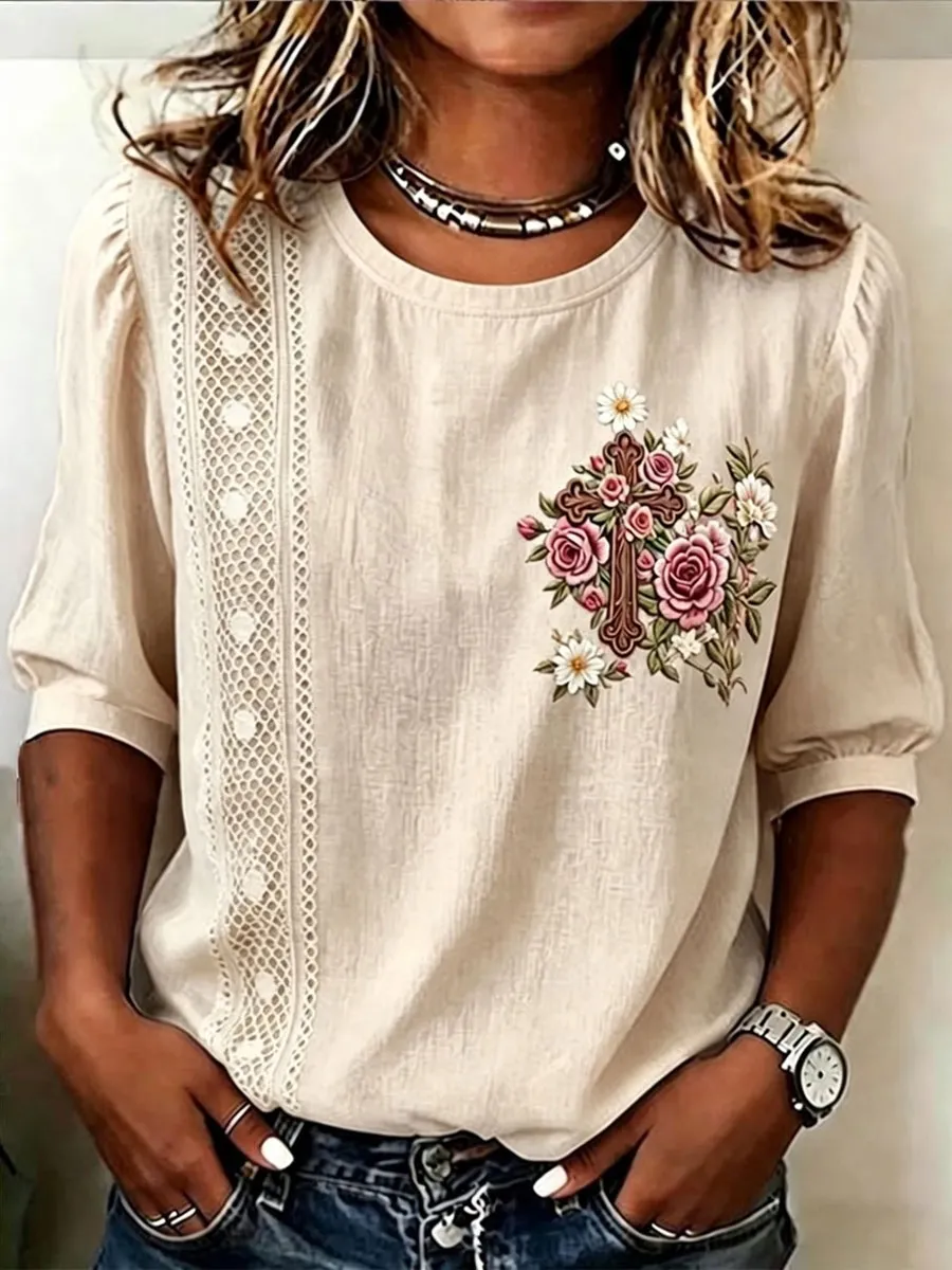 Women'S Cotton And Linen Floral Print Top