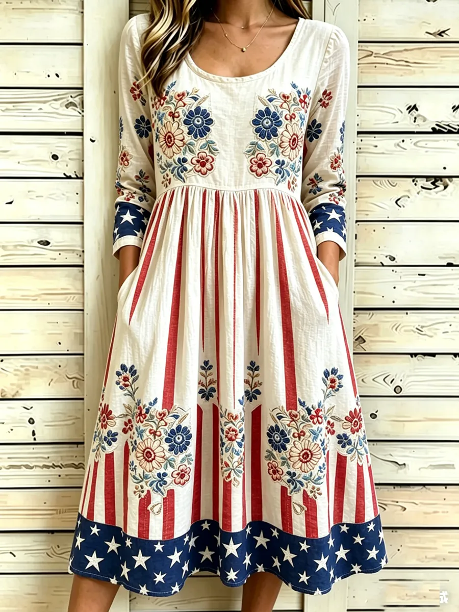 Women's Retro 250th Anniversary Flower Art Printed Dress