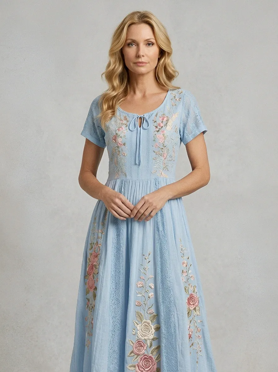 Women's Breast Cancer Awareness Floral Rose Embroidered Printed Dress