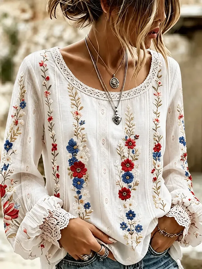 Women's Vintage American Flag Floral Art Cotton-Linen Shirt