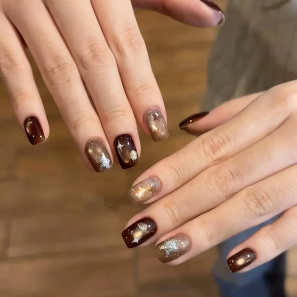 Nailhour 30Pcs Autumn/Winter Brown Medium Square French Press On Nails