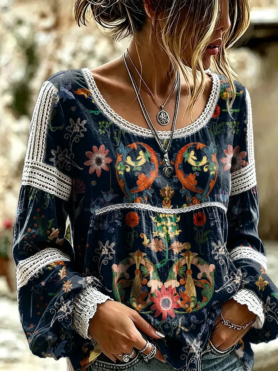 Women's Retro Floral Art Print Casual Long-sleeved Round Neck Lace Shirt