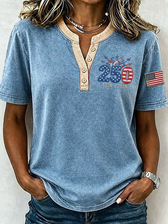 Female Leisure Patriotic Fireworks Flag Button T-Shirt