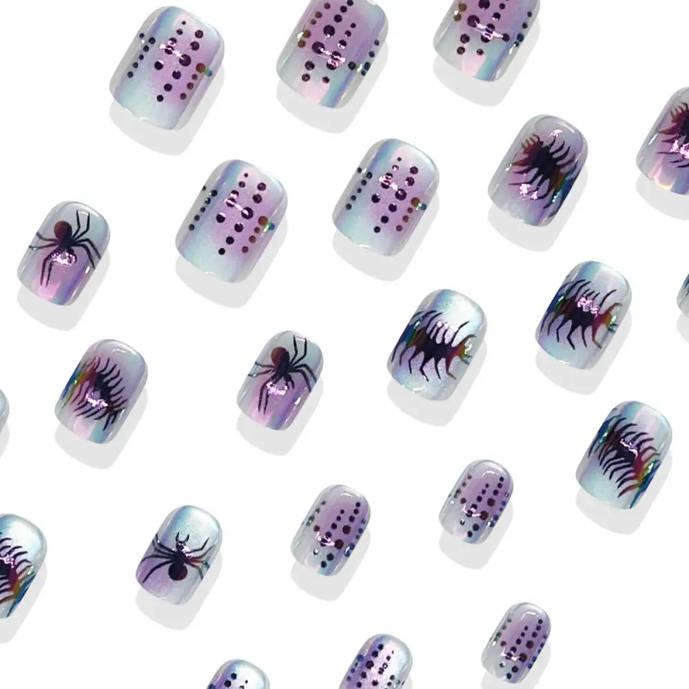 Nailhour 24Pcs Halloween Short Squoval Neon Cobwebs Press On Nails