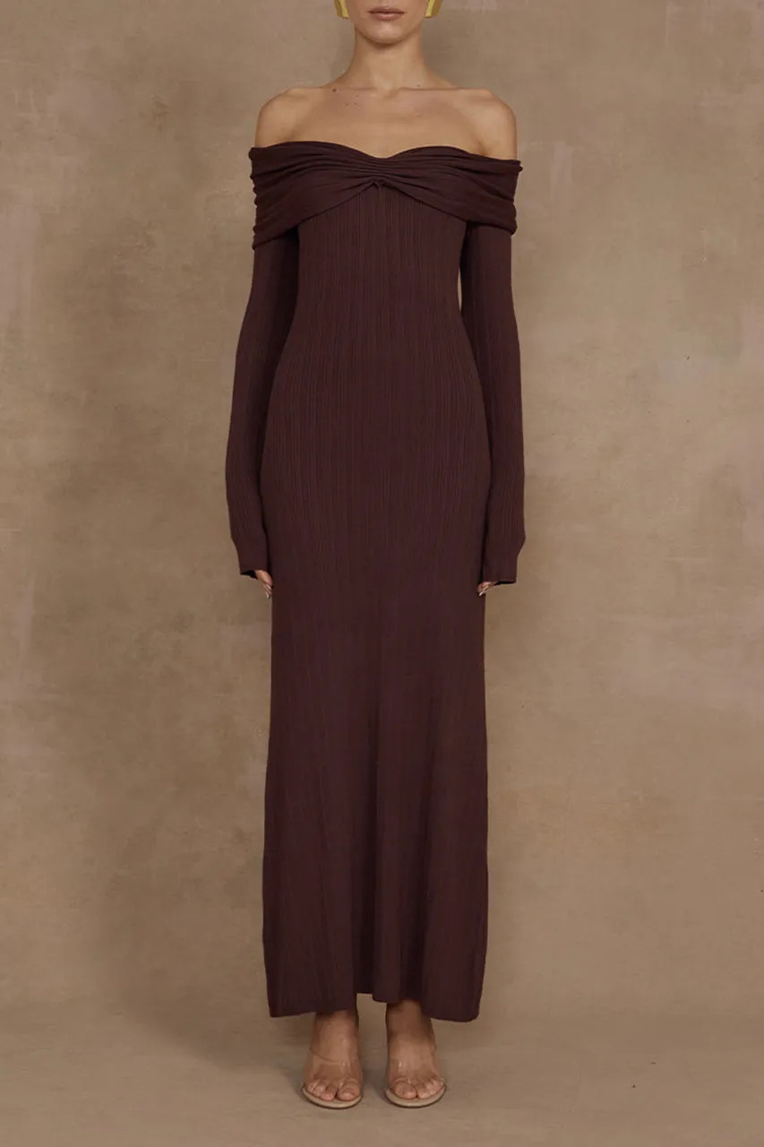Off Shoulder Long Sleeved Knitted Midi Dresses