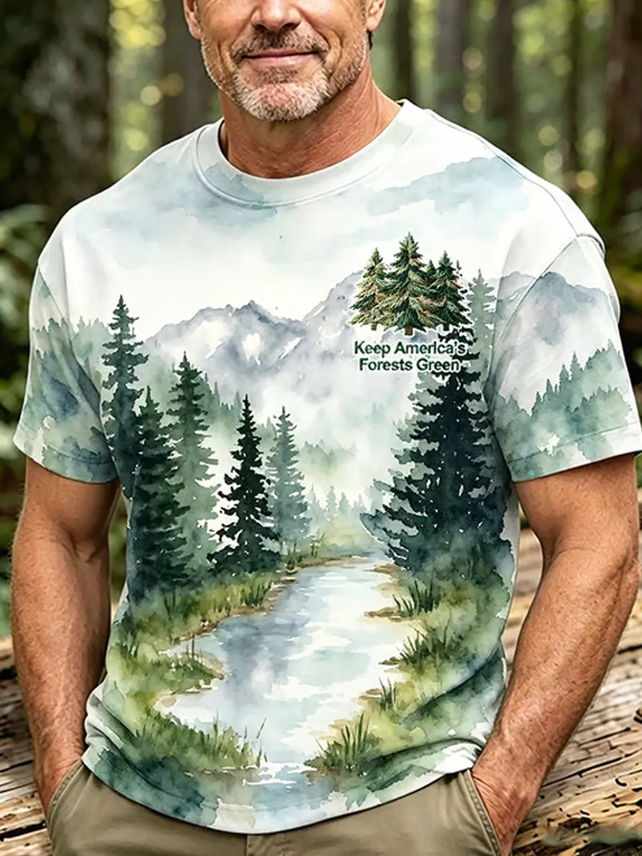 Men's Retro Keep America’s Forests Green Print Round Neck T-Shirt