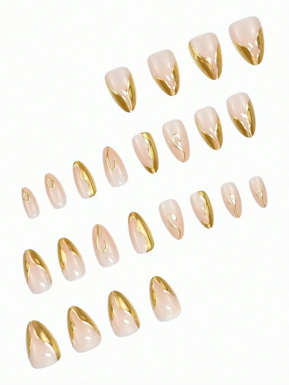 Nailhour 24pcs Nude 3D Gold Foil Wave Decor Press-On Nails