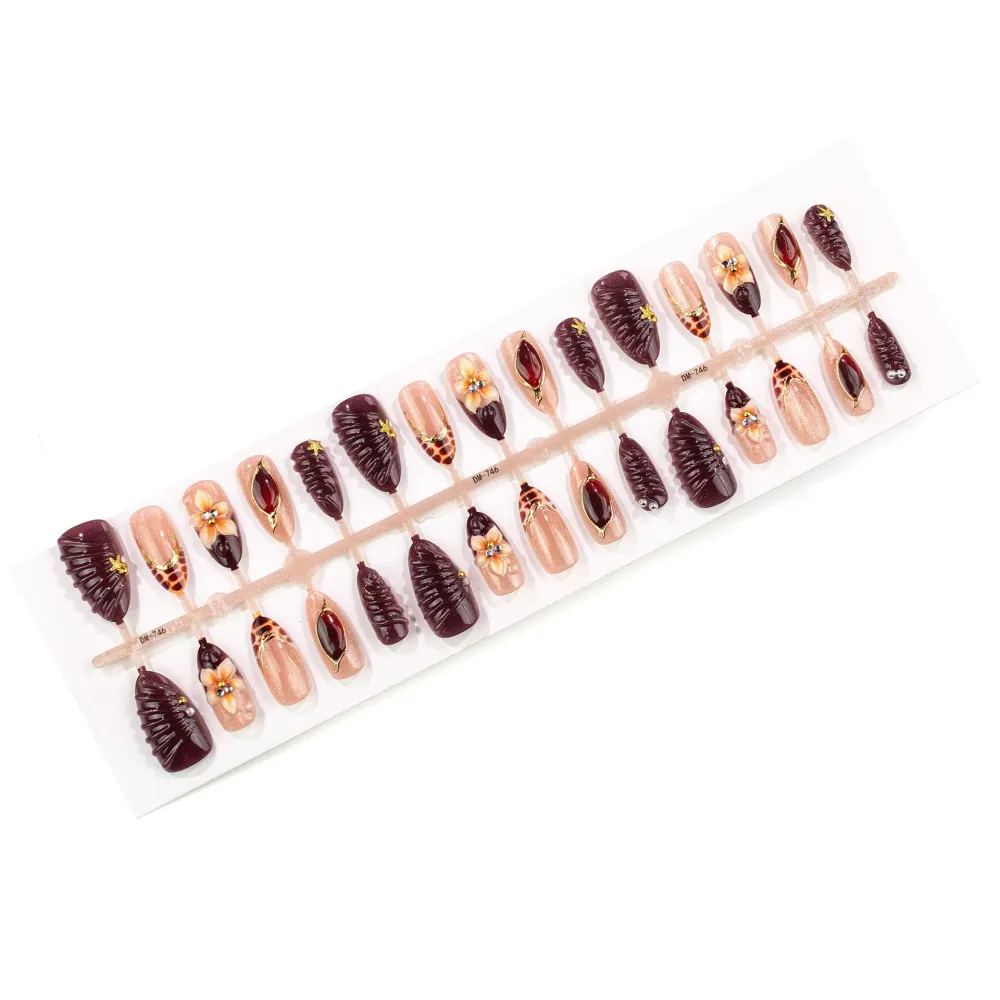 Nailhour 30Pcs Floral 3D Gradient Autumn Medium Almond French Press On Nails