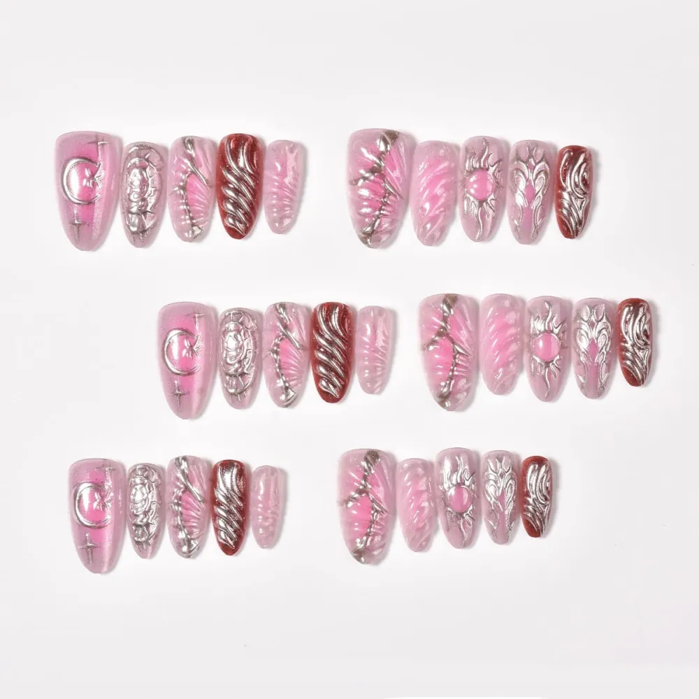 Nailhour 30Pcs Y2K Cat Eye 3D Medium Almond French Press On Nails