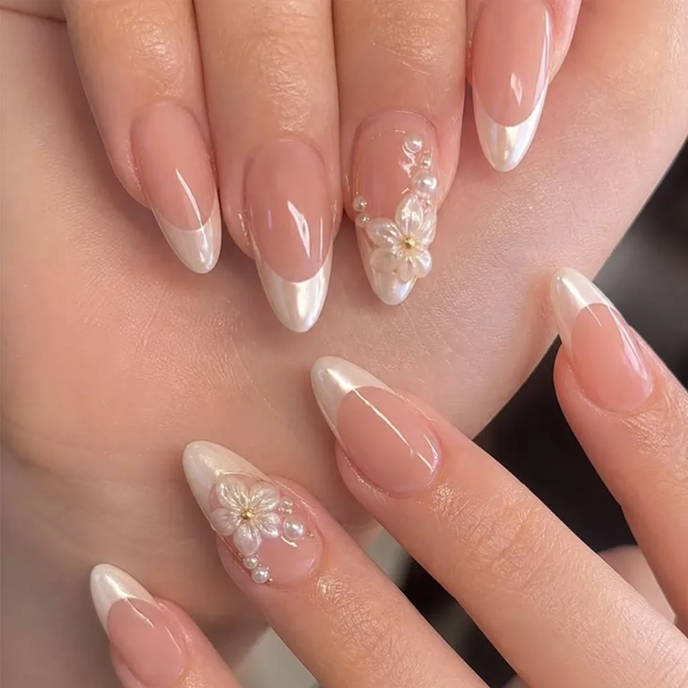 Nailhour 24Pcs White French 3D Medium Almond Press On Nails