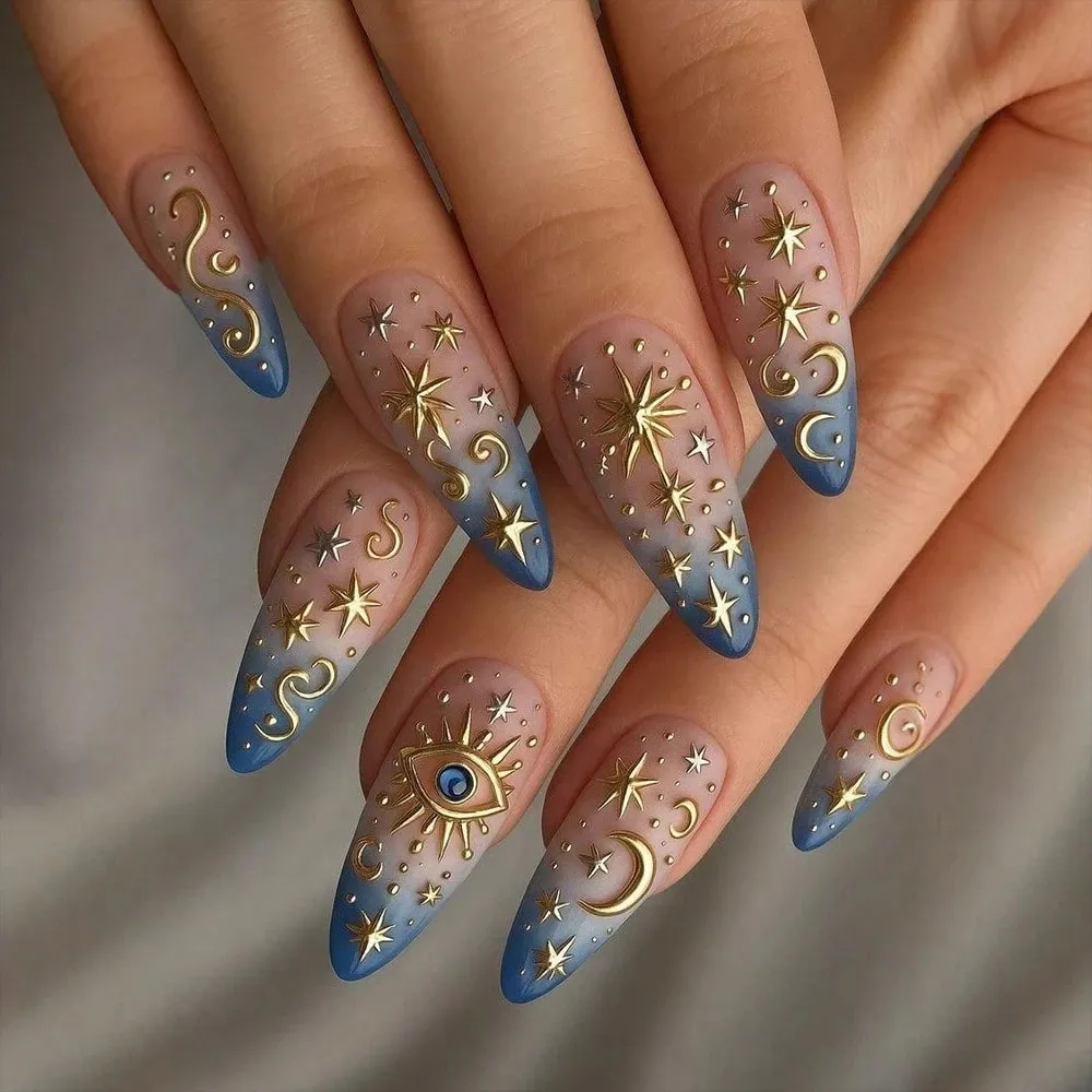 Nailhour 24pcs 3D Moon & Star Almond Shaped Short Nail Tips