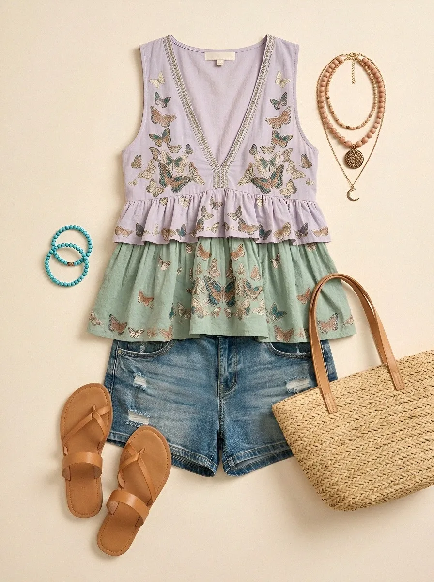 Women's Butterfly Lover Floral Pattern Printed Short Sleeve Top