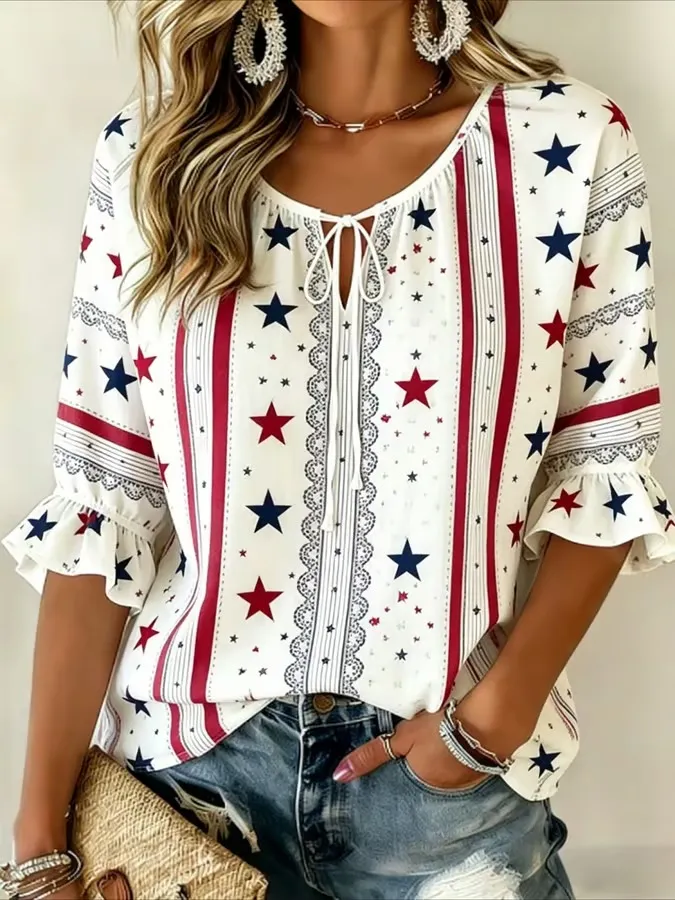 Women's Round Neck Patriot Print Cotton And Linen Top