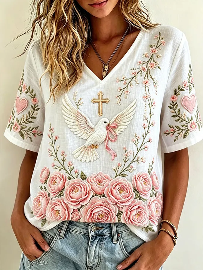 Women's Religion Floral Embroidered Art Pattern V Neck T-shirt