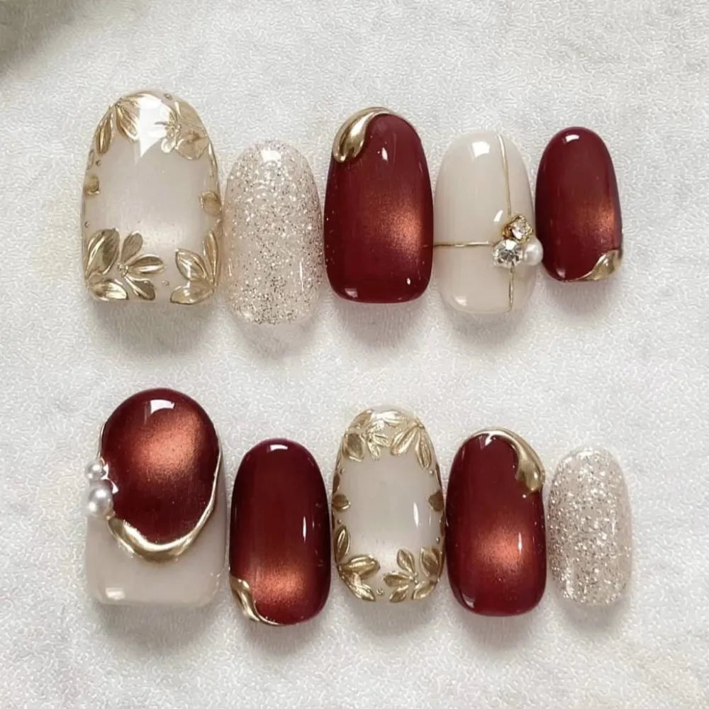 Nailhour 30Pcs Red Cat Eye Medium Oval French Gilded Press On Nails
