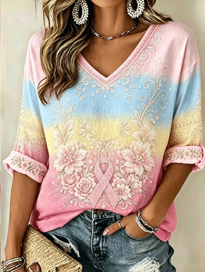 Women'S V-Neck Pink Art Printed Shirt