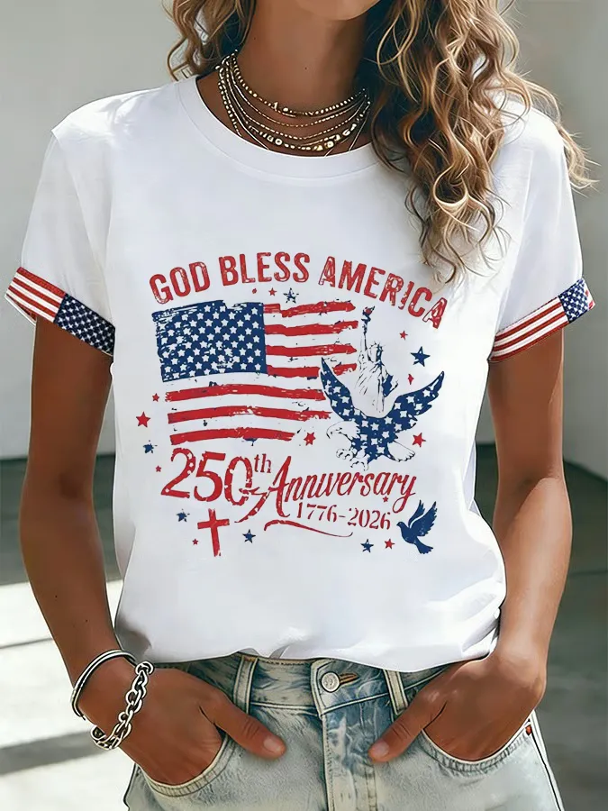 Women's God Bless America Flag Eagle Art Print Casual T-Shirt