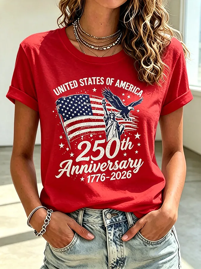 Ladies' Casual American 250Th Anniversary Commemorative Sequin Personalized Printed Round Neck Short Sleeved T-Shirt