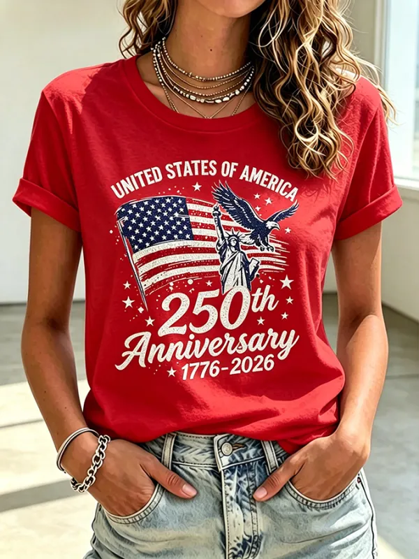 Ladies' Casual American 250Th Anniversary Commemorative Sequin Personalized Printed Round Neck Short Sleeved T-Shirt