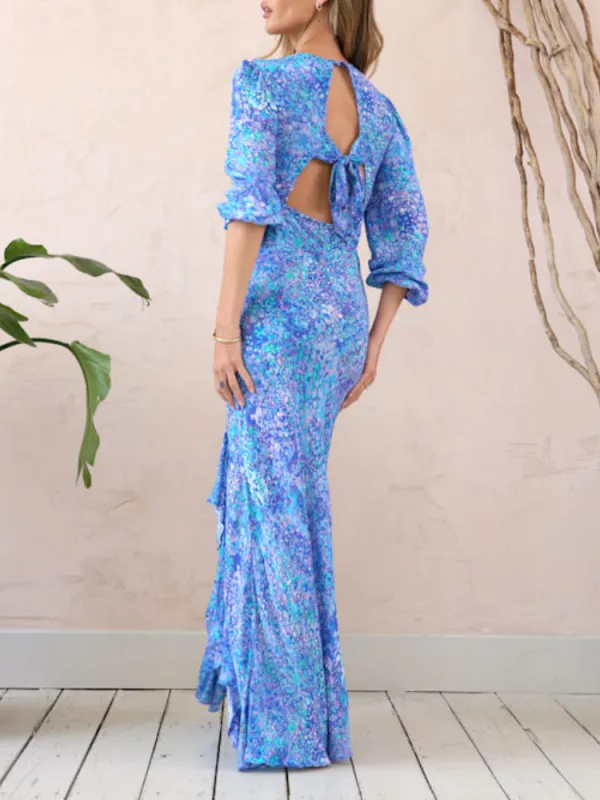 Ruffled V-Neck Long Sleeve Dress