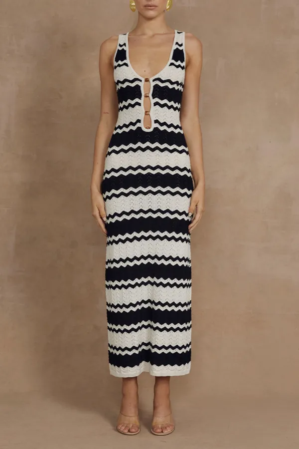 Striped Sleeveless Cut Out Midi Dress