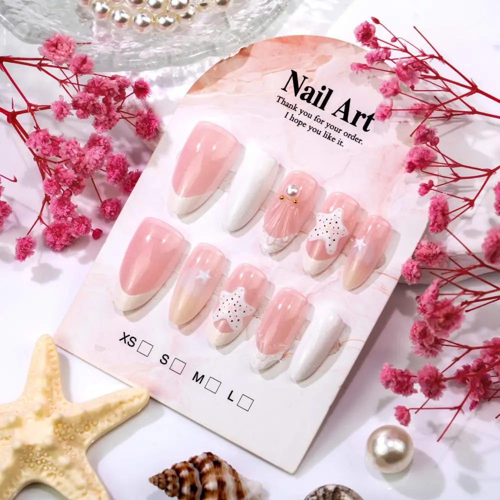 Nailhour 30Pcs Pink French 3D Medium Almond Press On Nails