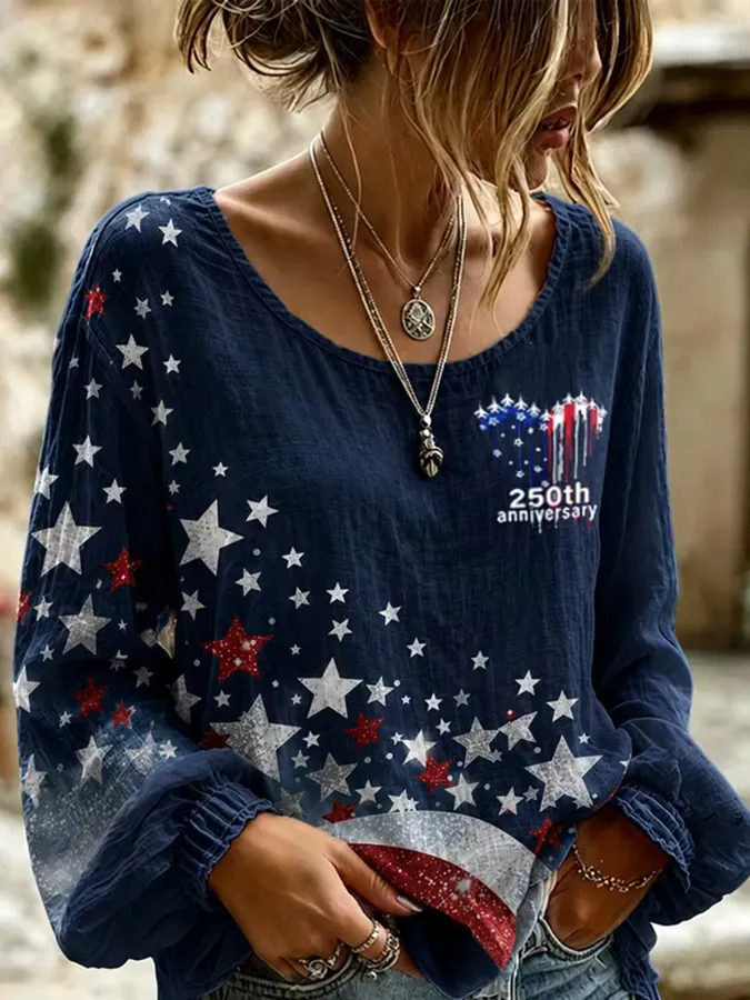 Women'S America Flag Printed Casual Cotton And Linen Top