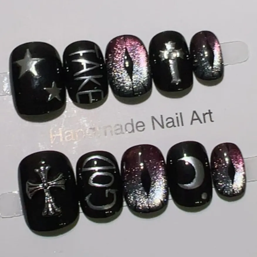 Nailhour 10Pcs Gradient Gothic Cat Eye Short Squoval Press On Nails