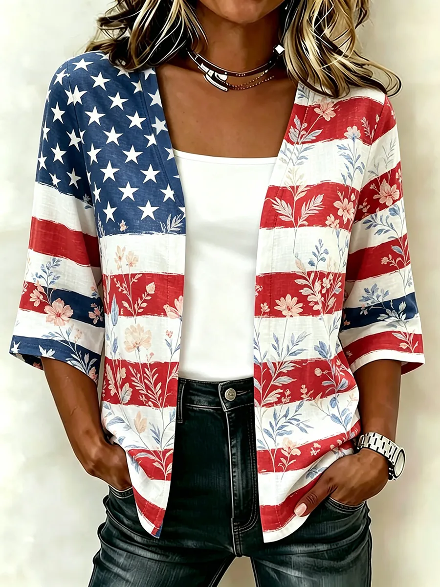 Women's American Printed V-Neck Casual Cardigan
